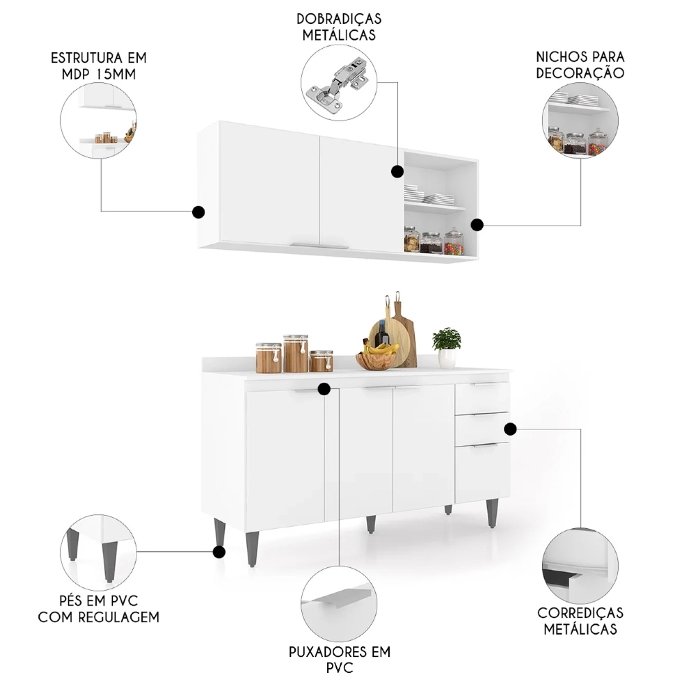 Armário de Cozinha Com Tampo CP01 150cm Pérola Branco Z34 - Mpozenato