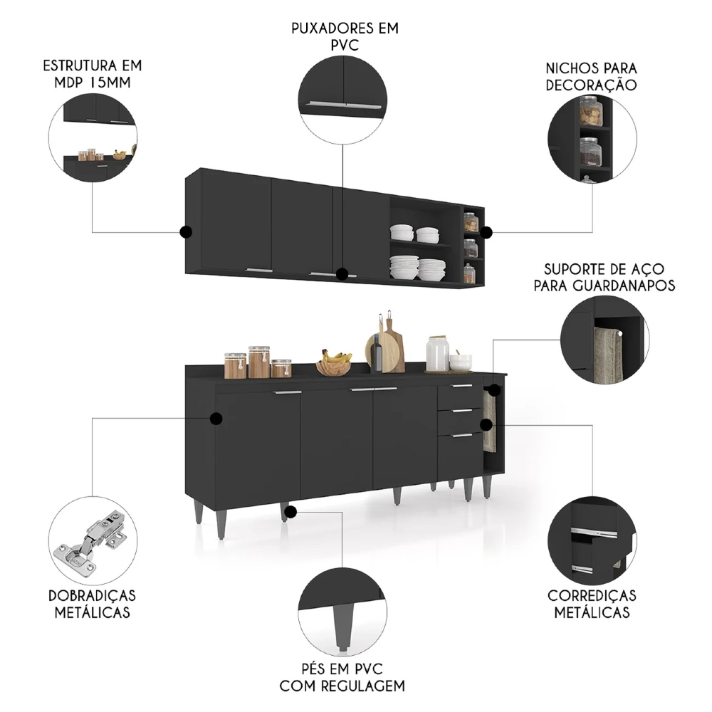 Armário de Cozinha Com Tampo CP11 200cm Pérola Preto Z34      - Mpozenato
