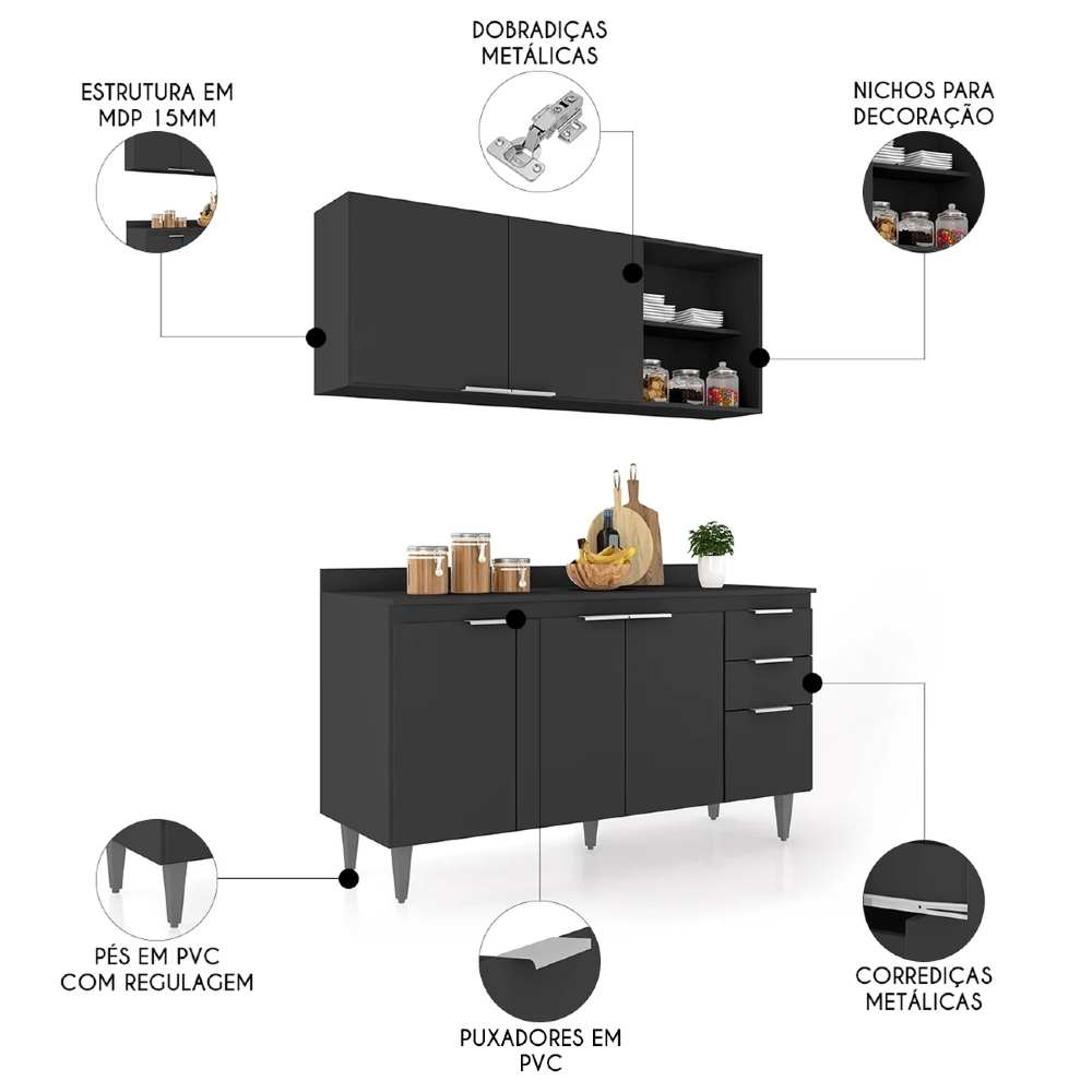 Armário de Cozinha Com Tampo CP01 150cm Pérola Preto Z34 - Mpozenato