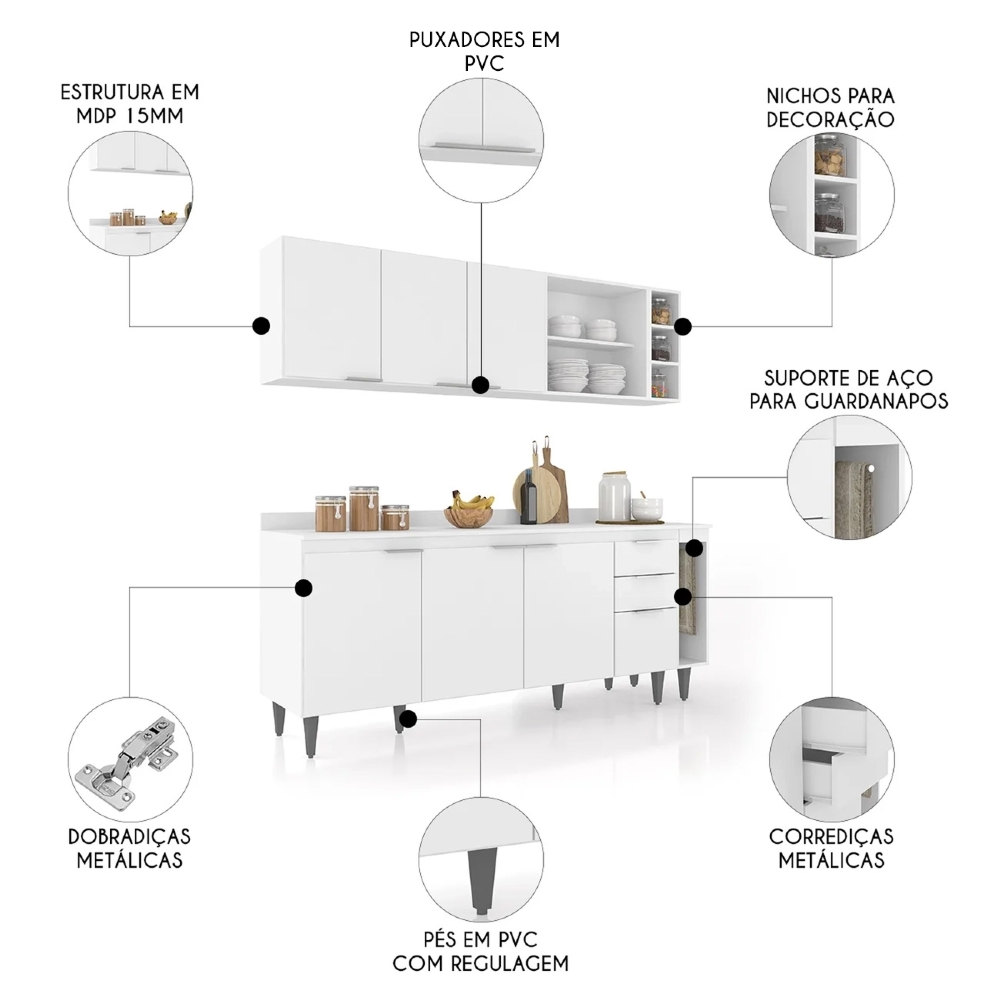 Armário de Cozinha Com Tampo CP11 200cm Pérola Branco Z34 - Mpozenato