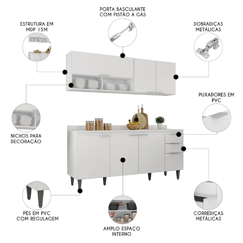 Armário de Cozinha Com Tampo CP01 180cm Pérola Branco Z34 - Mpozenato