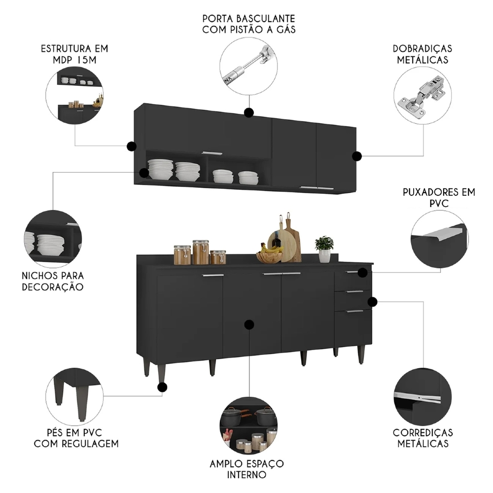 Armário de Cozinha Com Tampo CP01 180cm Pérola Preto Z34 - Mpozenato