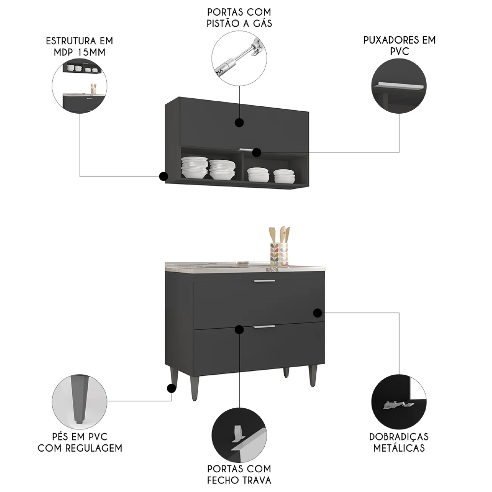 Armário de Cozinha CP01 Com Pia 100cm Pérola Z34 Preto - Mpozenato