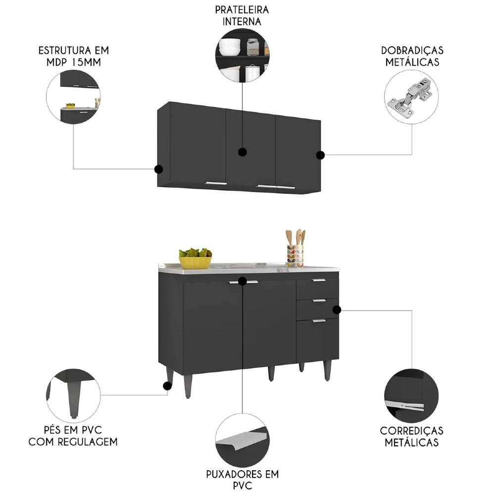 Armário de Cozinha CP01 Com Pia 120cm Pérola Z34 Preto - Mpozenato