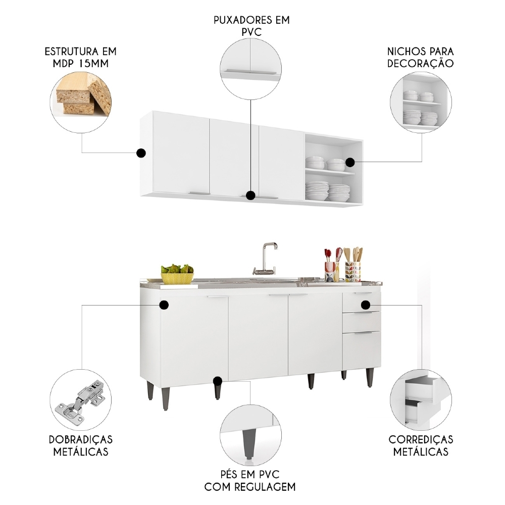 Armário de Cozinha CP10 Com Pia 180cm Pérola Z34 Branco - Mpozenato