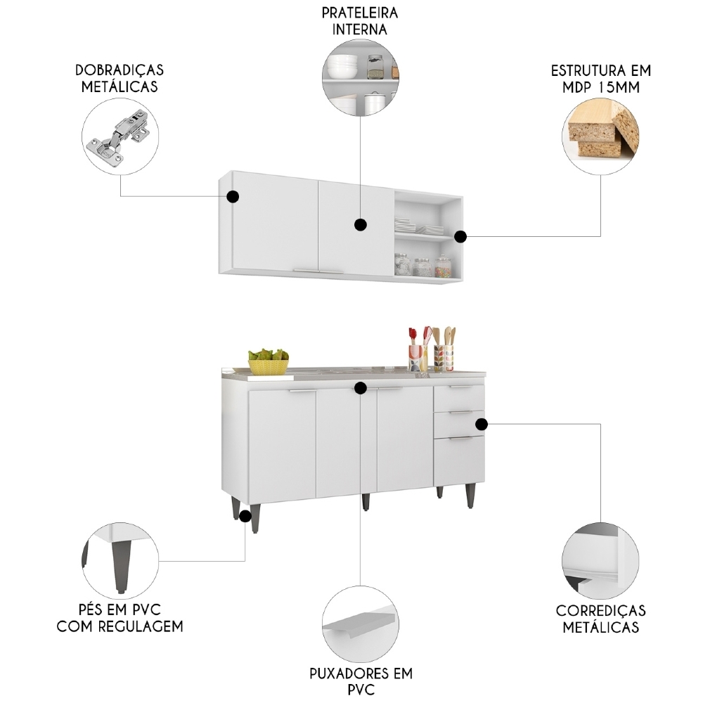 Armário de Cozinha CP01 Com Pia 150cm Pérola Z34 Branco - Mpozenato