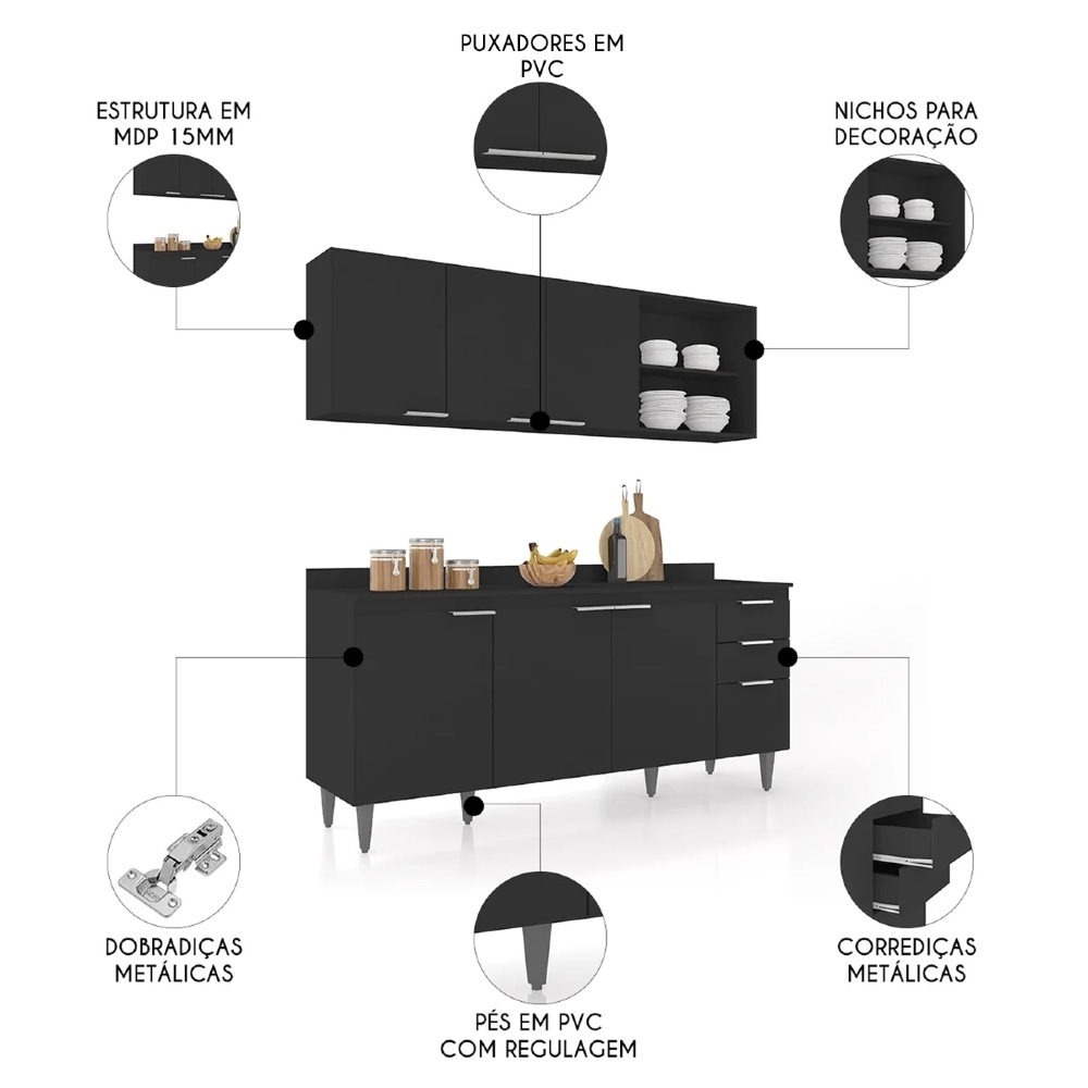 Armário de Cozinha Com Tampo CP10 180cm Pérola Preto Z34 - Mpozenato