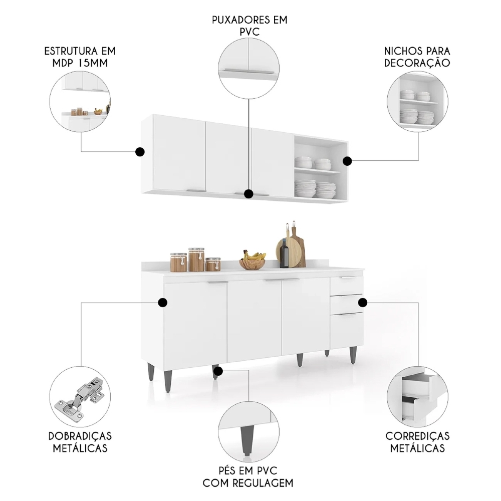 Armário de Cozinha Com Tampo CP10 180cm Pérola Branco Z34 - Mpozenato