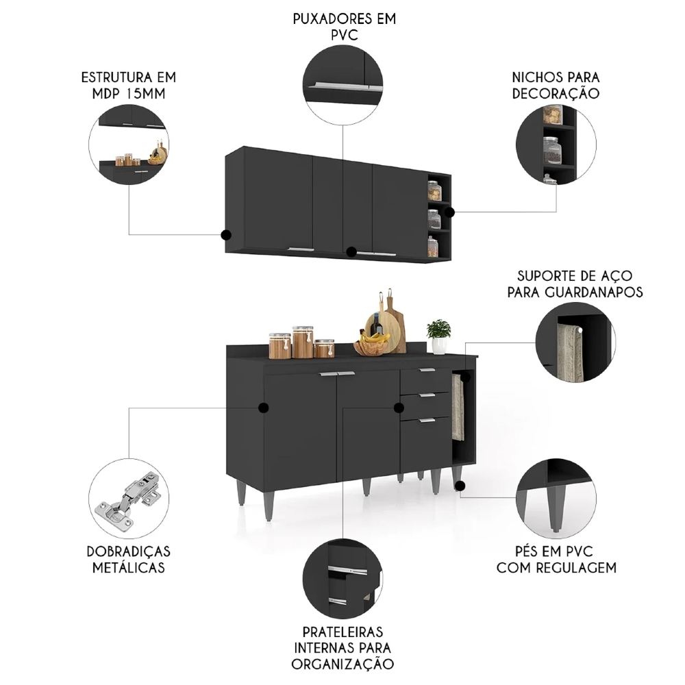 Armário de Cozinha Com Tampo CP08 140cm Pérola Preto Z34 - Mpozenato