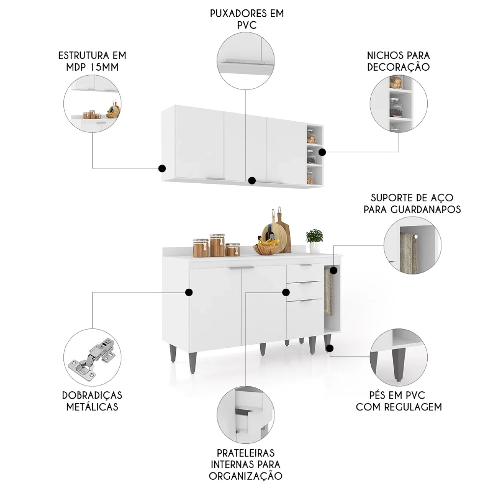 Armário de Cozinha Com Tampo CP08 140cm Pérola Branco Z34     - Mpozenato