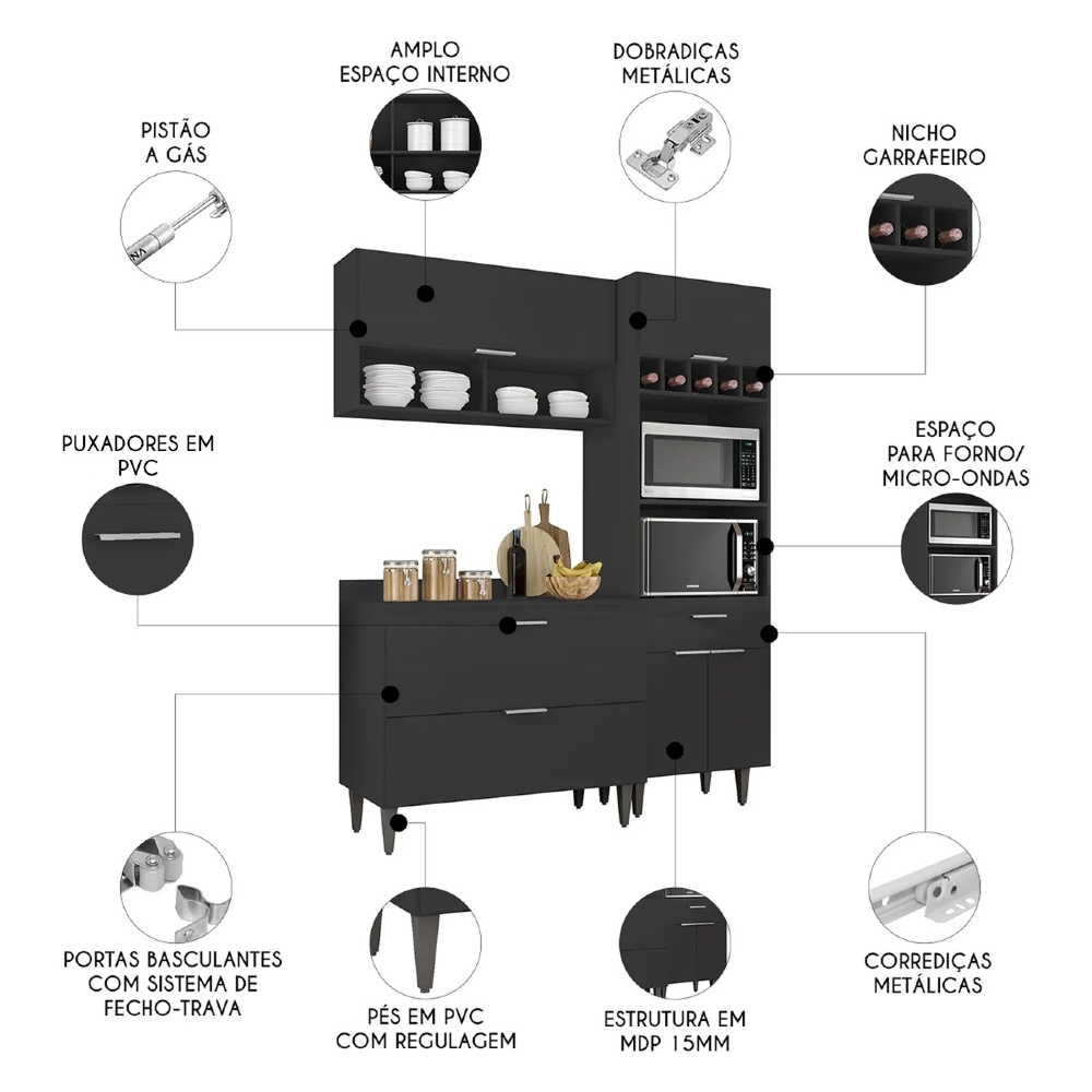 Armário de Cozinha Com Tampo CP02 160cm Pérola Preto Z34 - Mpozenato