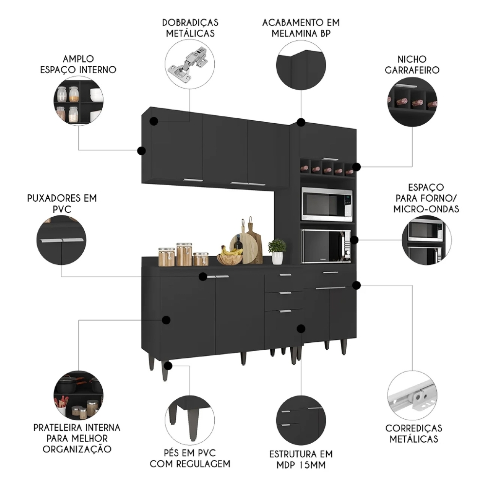 Armário de Cozinha Com Tampo CP02 180cm Pérola Preto Z34 - Mpozenato