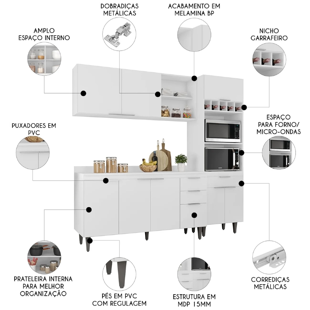 Armário de Cozinha Com Tampo CP02 210cm Pérola Branco Z34 - Mpozenato