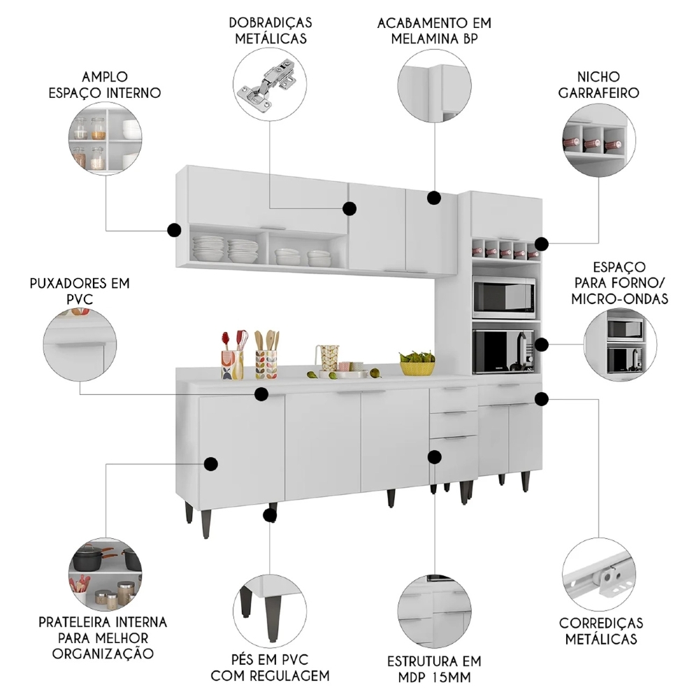 Armário de Cozinha Com Tampo CP02 240cm Pérola Branco Z34 - Mpozenato