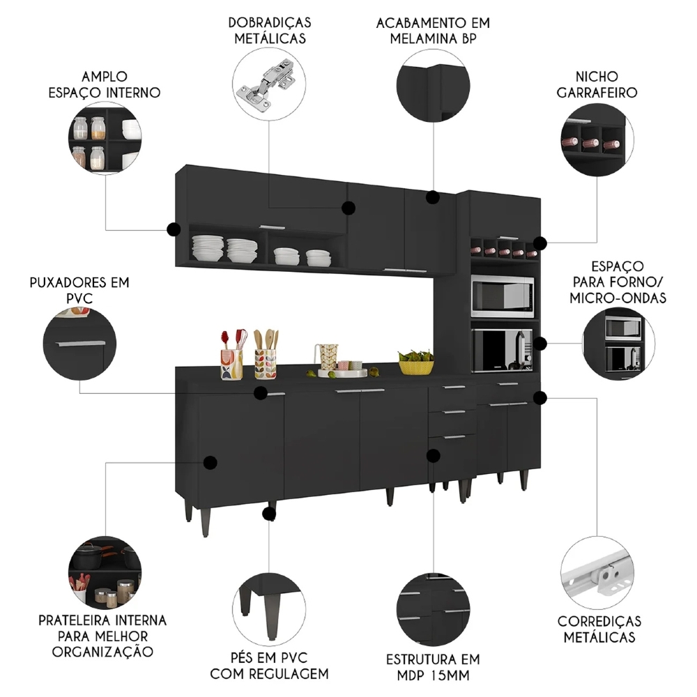 Armário de Cozinha Com Tampo CP02 240cm Pérola Preto Z34 - Mpozenato