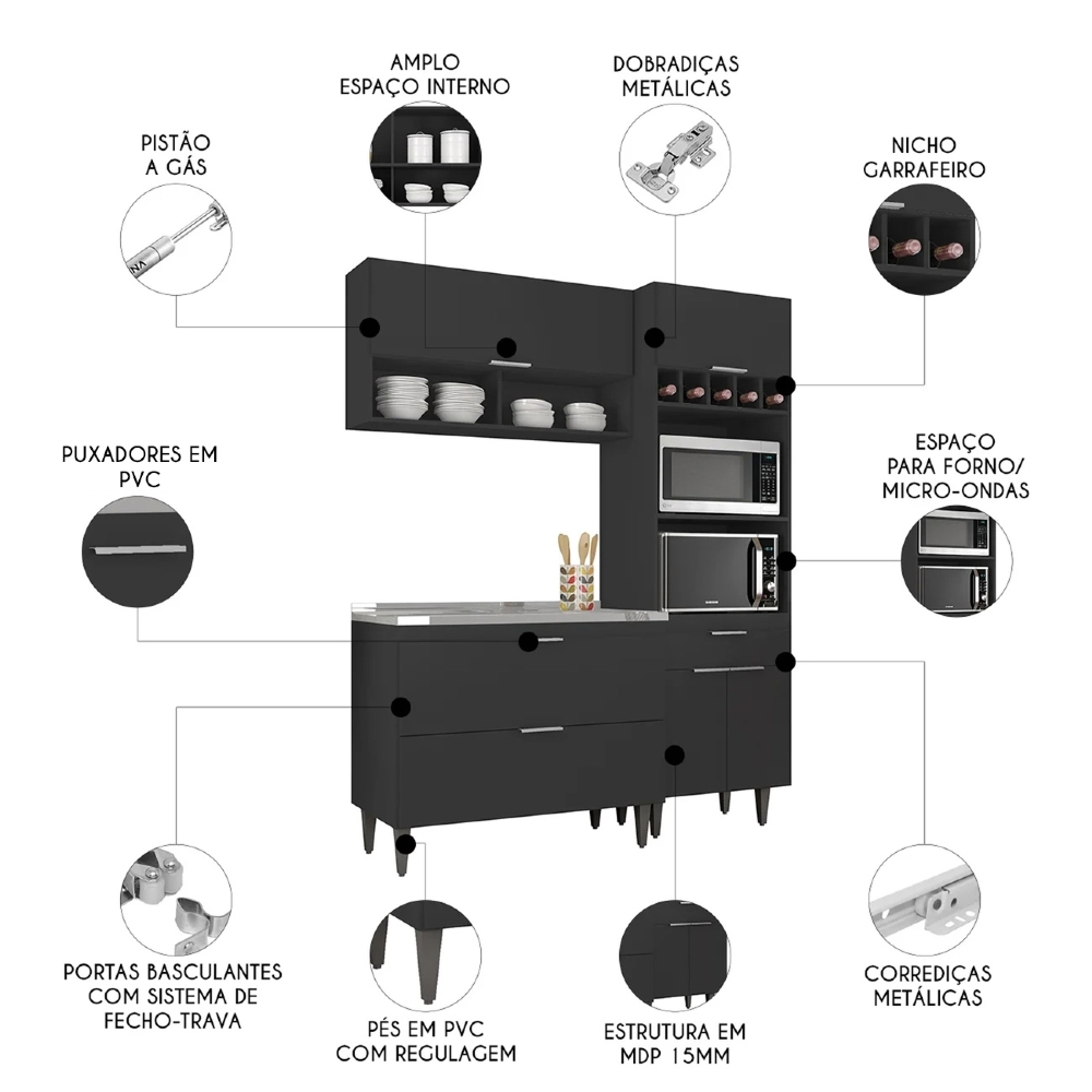 Armário de Cozinha CP02 Com Pia 100cm Pérola Z34 Preto - Mpozenato