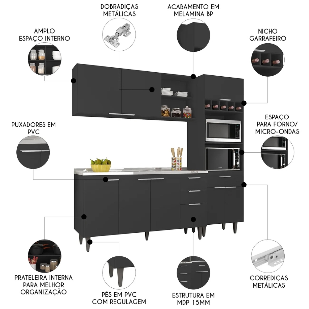 Armário de Cozinha CP02 Com Pia 150cm Pérola Z34 Preto - Mpozenato