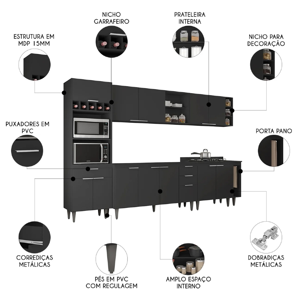 Armário de Cozinha CP07 Para Pia 150cm Pérola Z34 Preto - Mpozenato