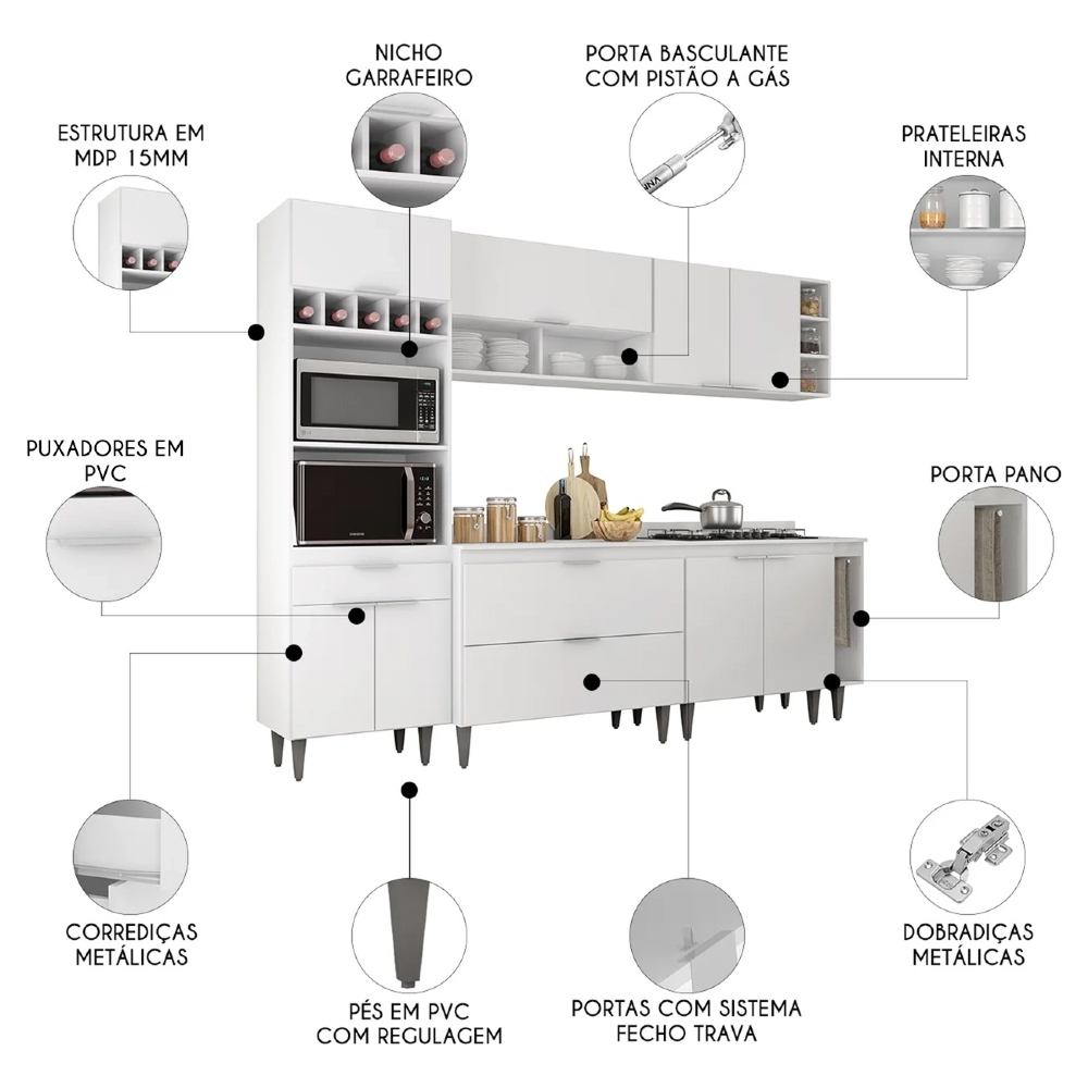 Armário de Cozinha Com Tampo CP07 260cm Pérola Branco Z34 - Mpozenato