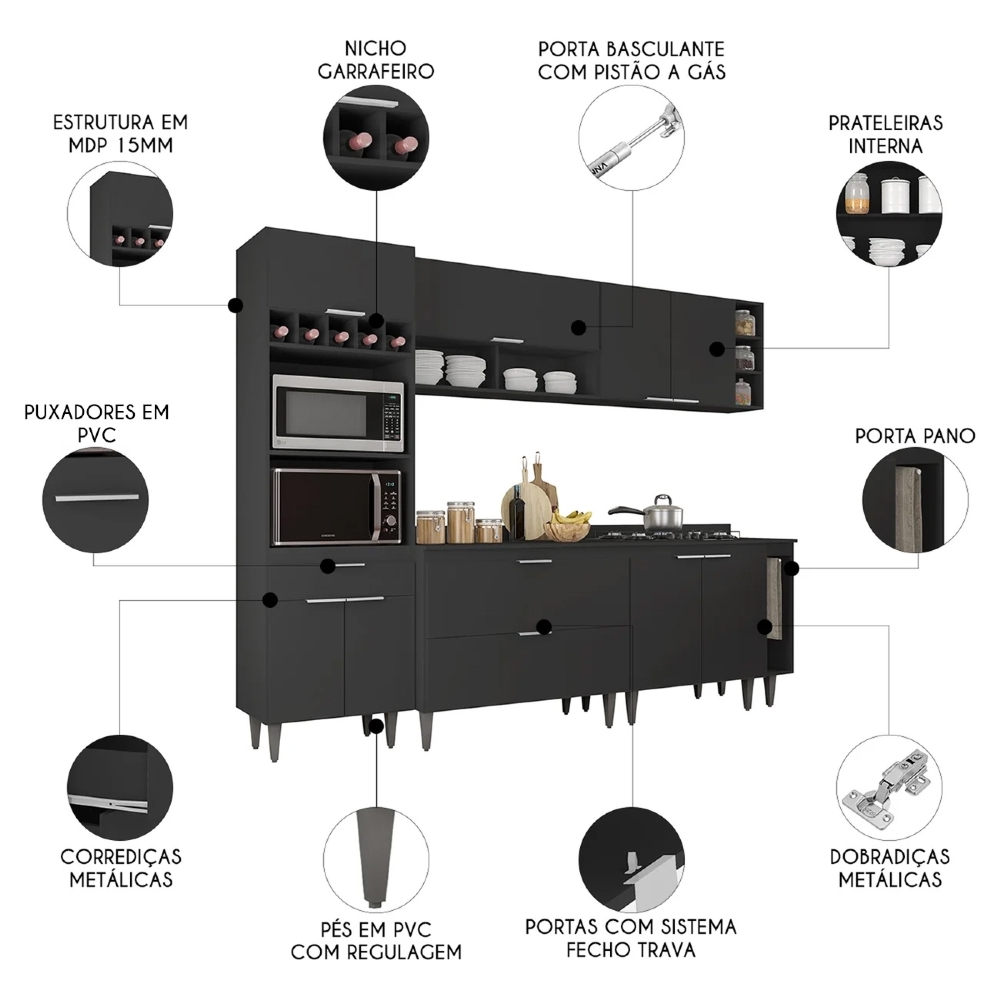 Armário de Cozinha Com Tampo CP07 260cm Pérola Preto Z34 - Mpozenato