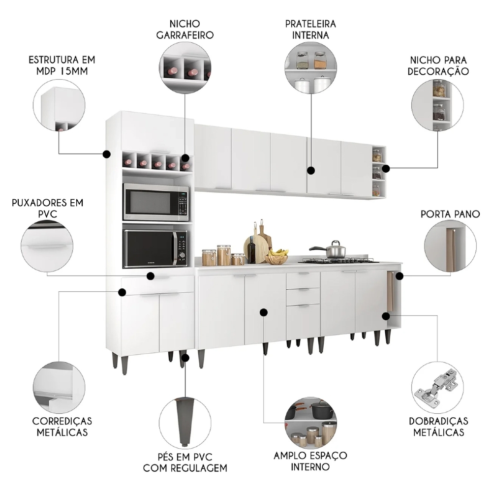 Armário de Cozinha Com Tampo CP07 280cm Pérola Branco Z34 - Mpozenato