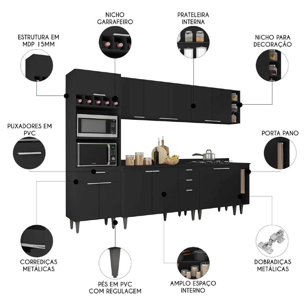 Armário de Cozinha Com Tampo CP07 280cm Pérola Preto Z34 - Mpozenato
