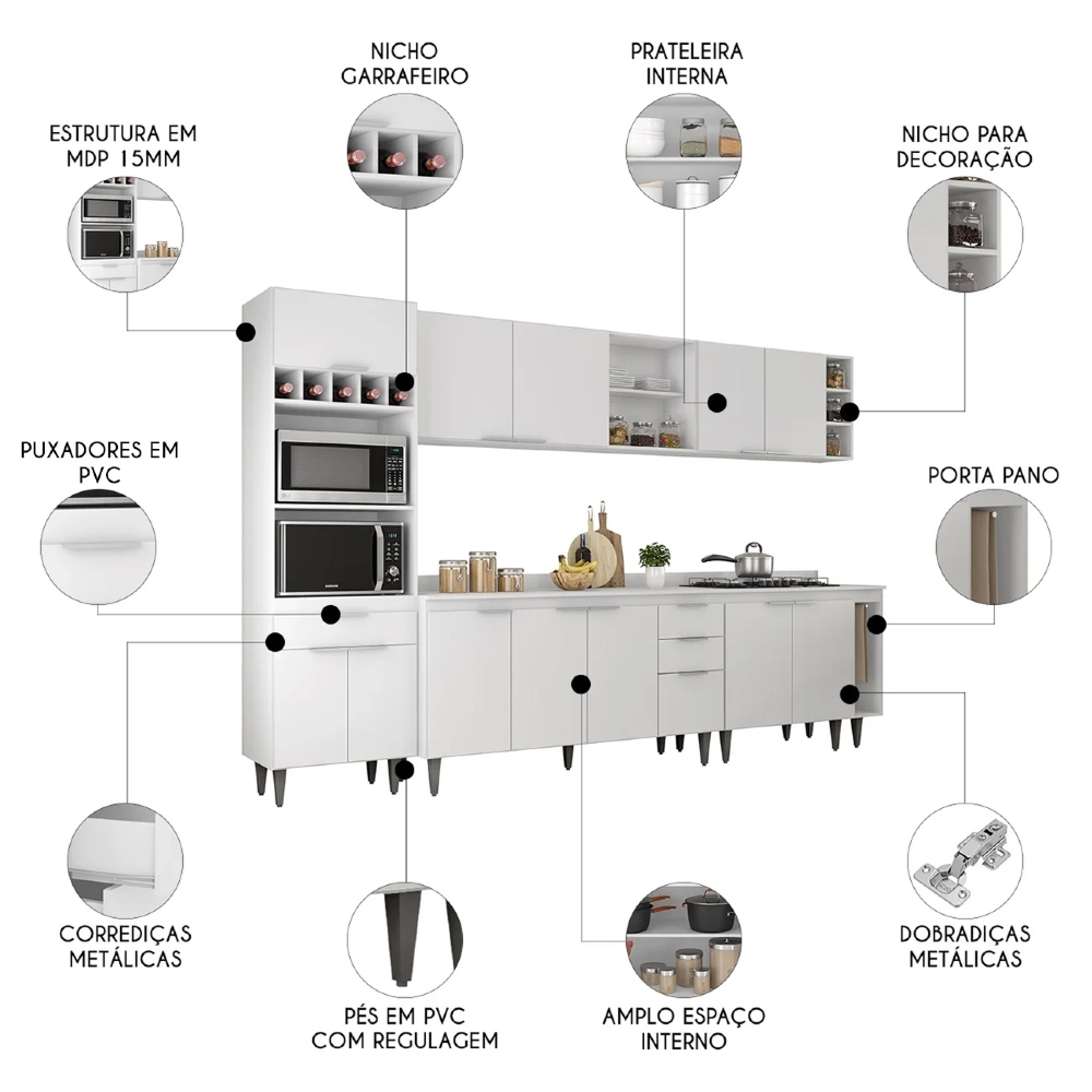 Armário de Cozinha Com Tampo CP07 310cm Pérola Branco Z34 - Mpozenato