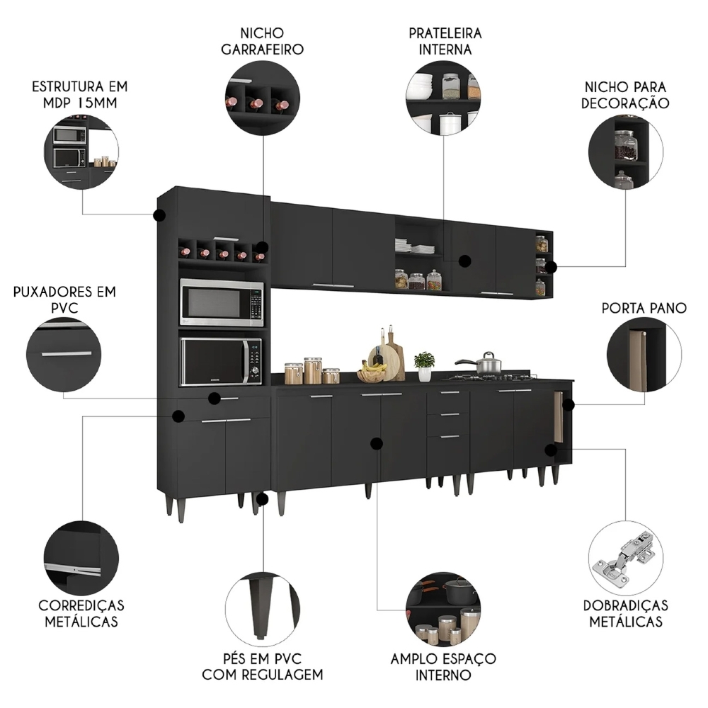 Armário de Cozinha Com Tampo CP07 310cm Pérola Preto Z34 - Mpozenato