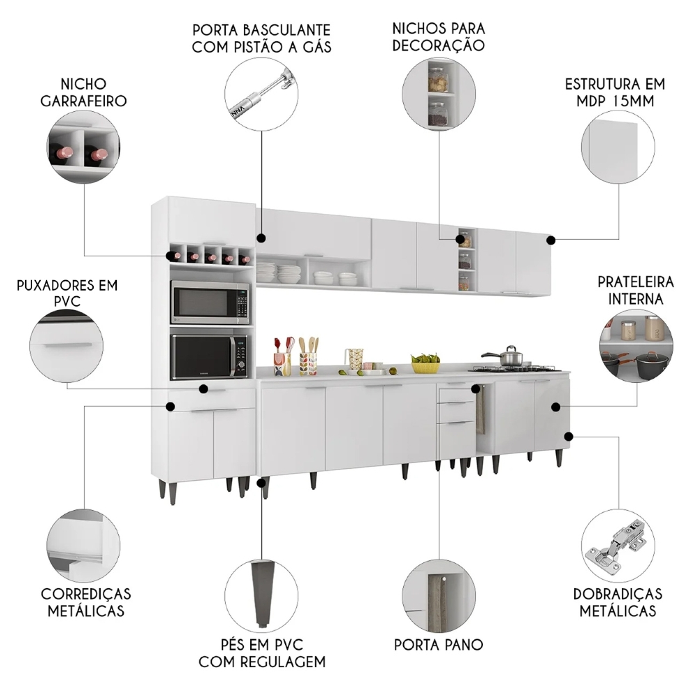 Armário de Cozinha Com Tampo CP07 340cm Pérola Branco Z34 - Mpozenato