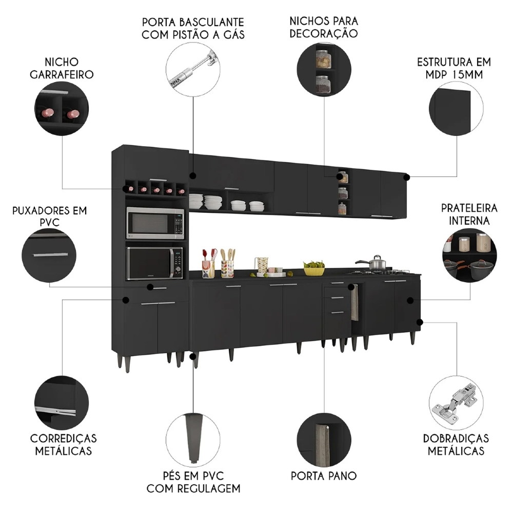 Armário de Cozinha Com Tampo CP07 340cm Pérola Preto Z34 - Mpozenato