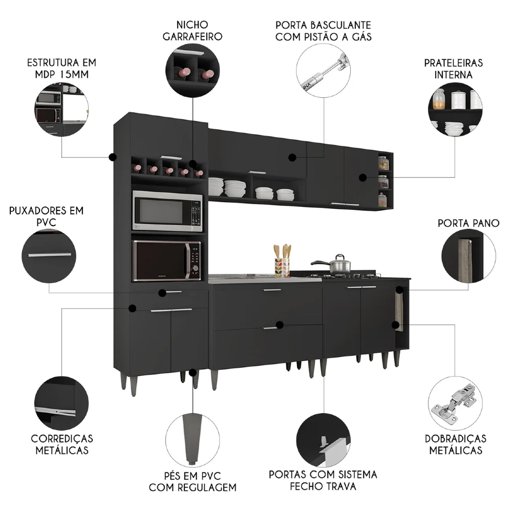 Armário de Cozinha CP07 Com Pia 100cm Pérola Z34 Preto - Mpozenato