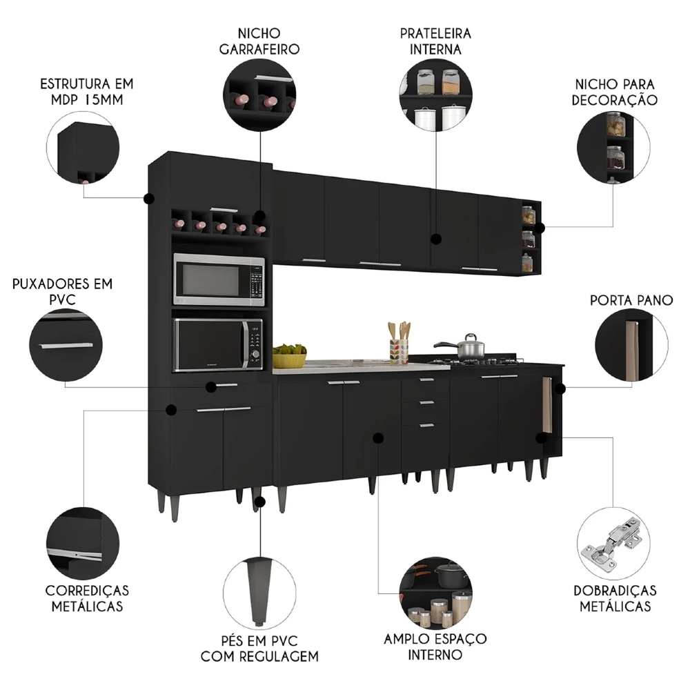 Armário de Cozinha CP07 Com Pia 120cm Pérola Z34 Preto - Mpozenato