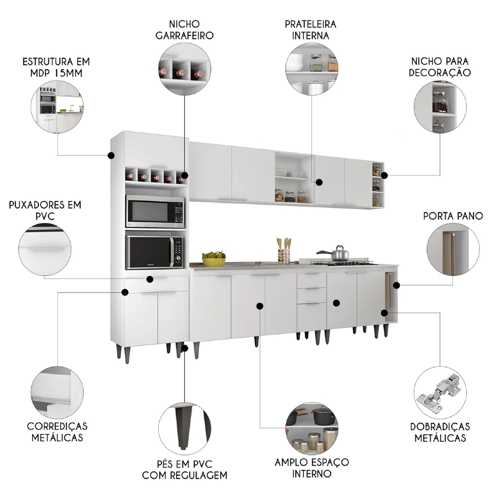 Armário de Cozinha CP07 Com Pia 150cm Pérola Z34 Branco - Mpozenato