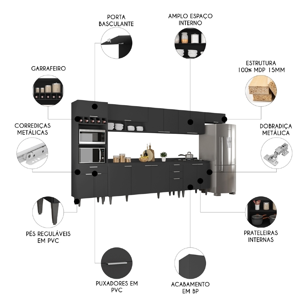 Armário de Cozinha Com Tampo CP06 390cm Pérola Preto Z34 - Mpozenato