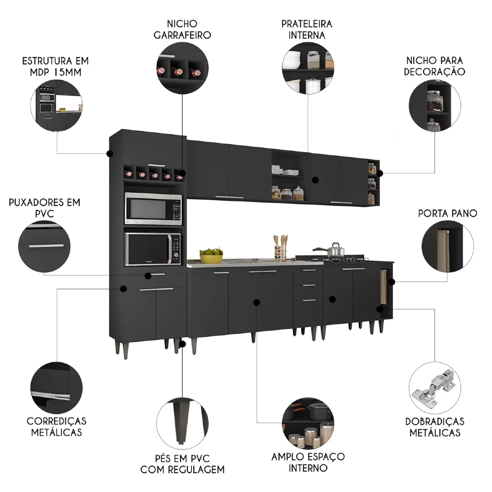 Armário de Cozinha CP07 Com Pia 150cm Pérola Z34 Preto - Mpozenato