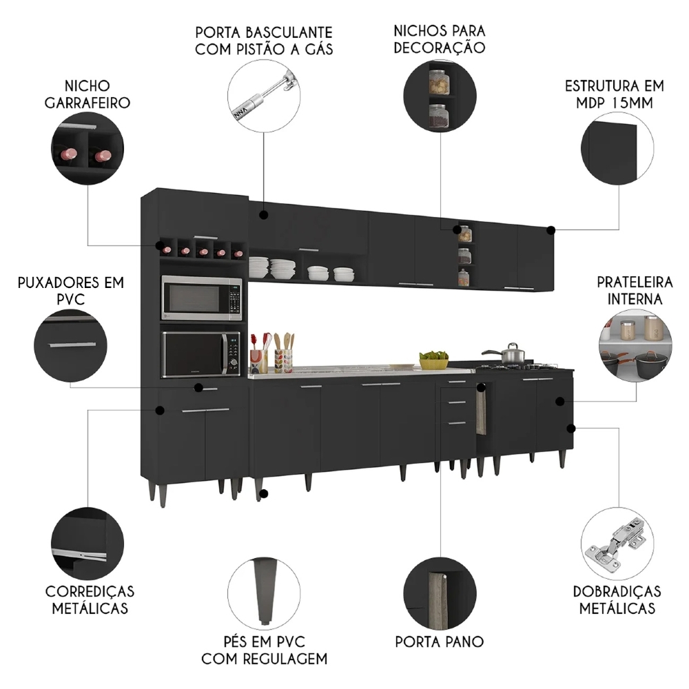 Armário de Cozinha CP07 Com Pia 180cm Pérola Z34 Preto - Mpozenato