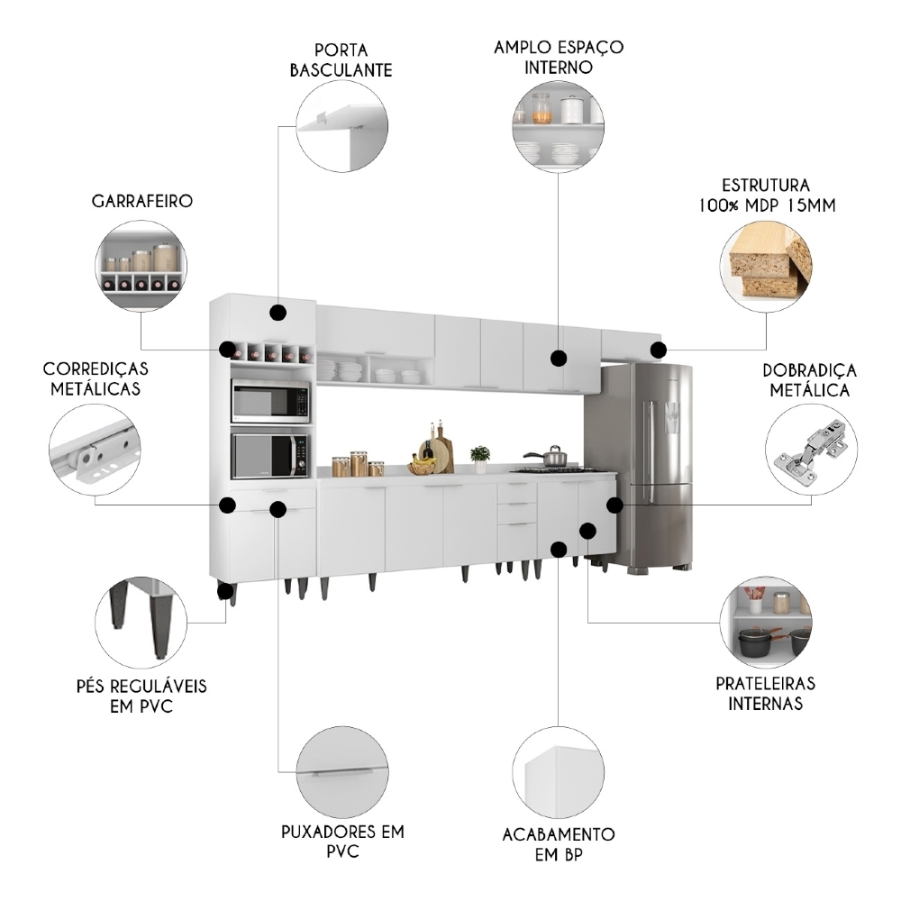 Armário de Cozinha Com Tampo CP06 390cm Pérola Branco Z34 - Mpozenato