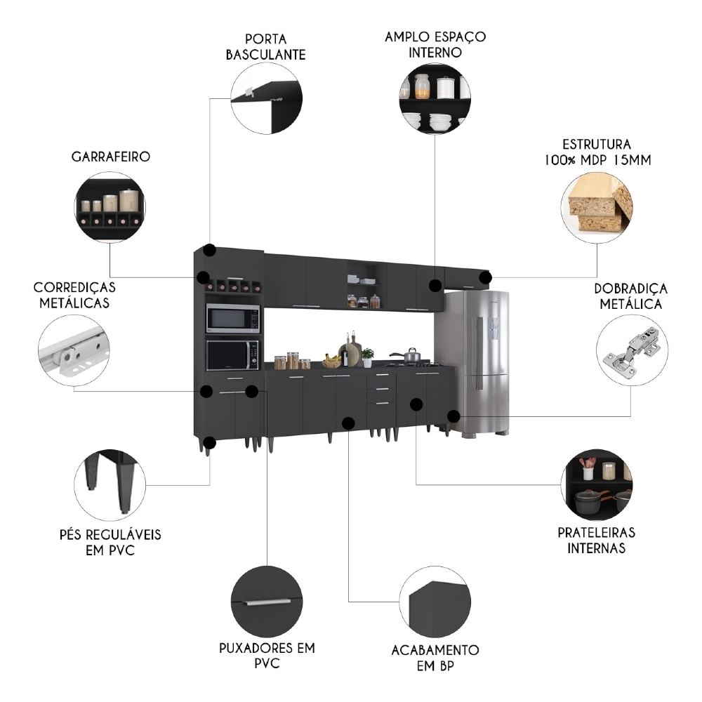 Armário de Cozinha Com Tampo CP06 360cm Pérola Preto Z34 - Mpozenato
