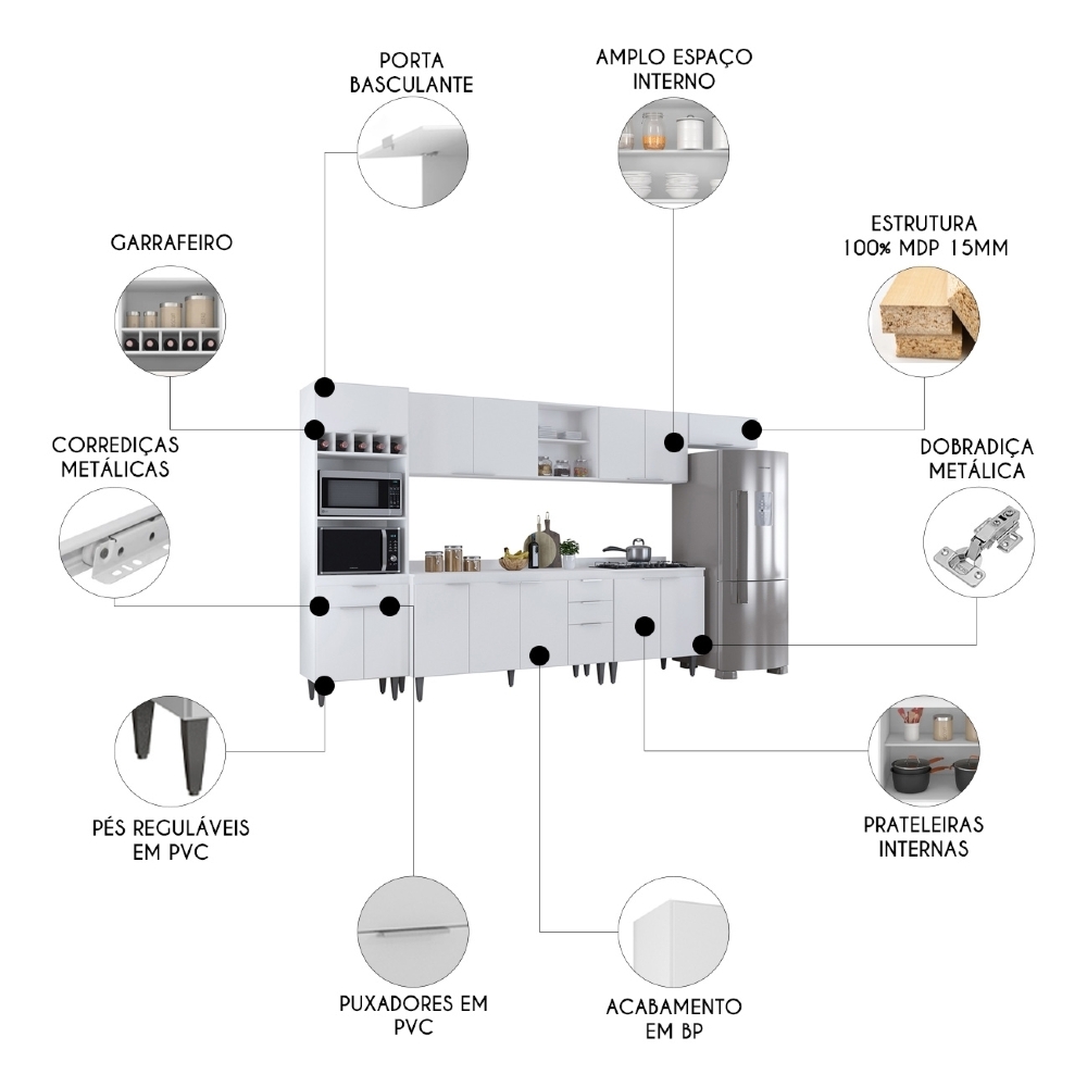 Armário de Cozinha Com Tampo CP06 360cm Pérola Branco Z34 - Mpozenato