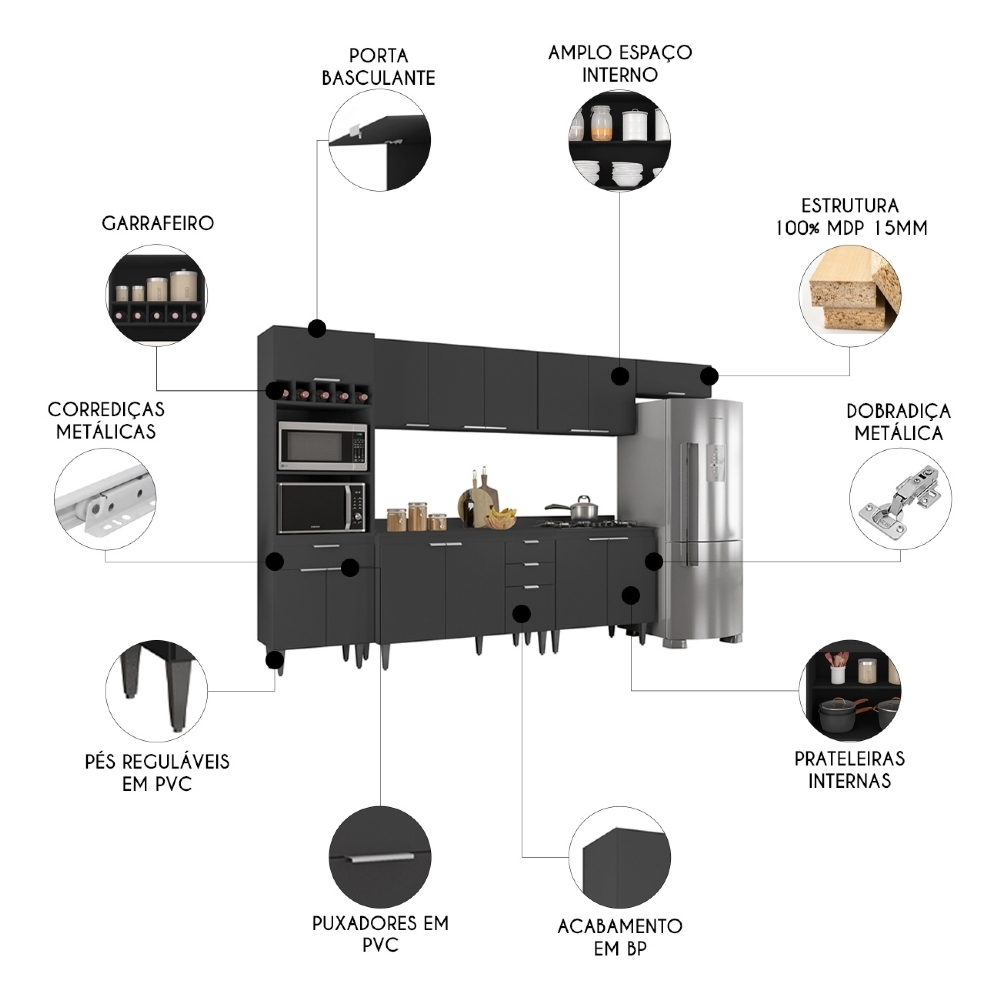Armário de Cozinha Com Tampo CP06 330cm Pérola Preto Z34 - Mpozenato