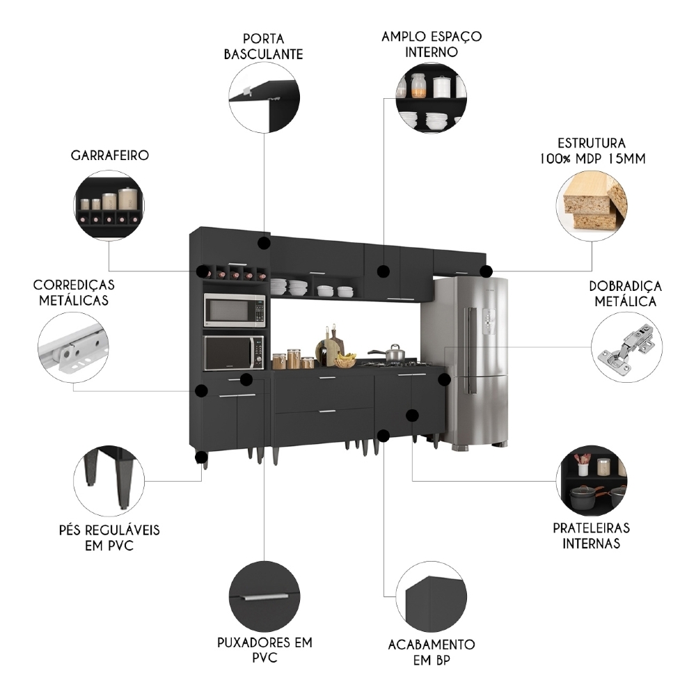 Armário de Cozinha Com Tampo CP06 310cm Pérola Preto Z34 - Mpozenato
