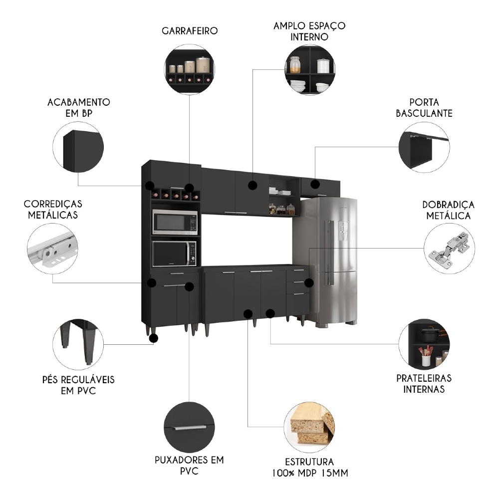 Armário de Cozinha CP04 Para Pia 150cm Pérola Z34 Preto - Mpozenato