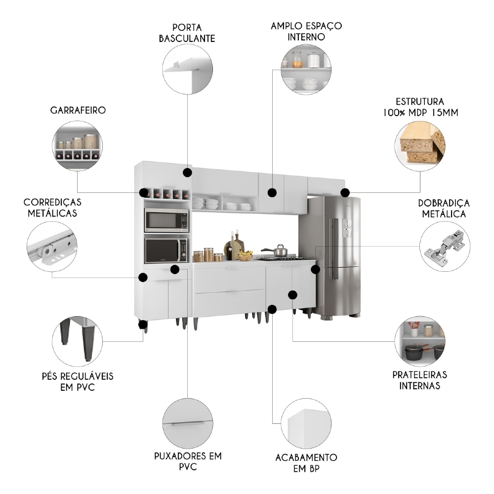 Armário de Cozinha Com Tampo CP06 310cm Pérola Branco Z34 - Mpozenato