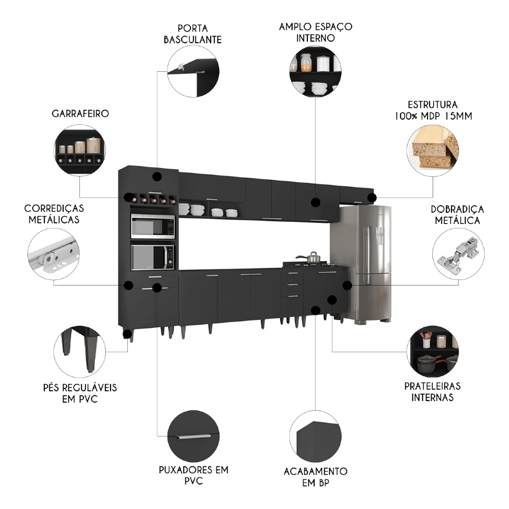 Armário de Cozinha CP06 Para Pia 180cm Pérola Z34 Preto - Mpozenato