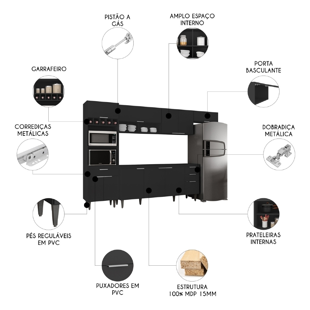 Armário de Cozinha CP04 Para Pia 180cm Pérola Z34 Preto - Mpozenato
