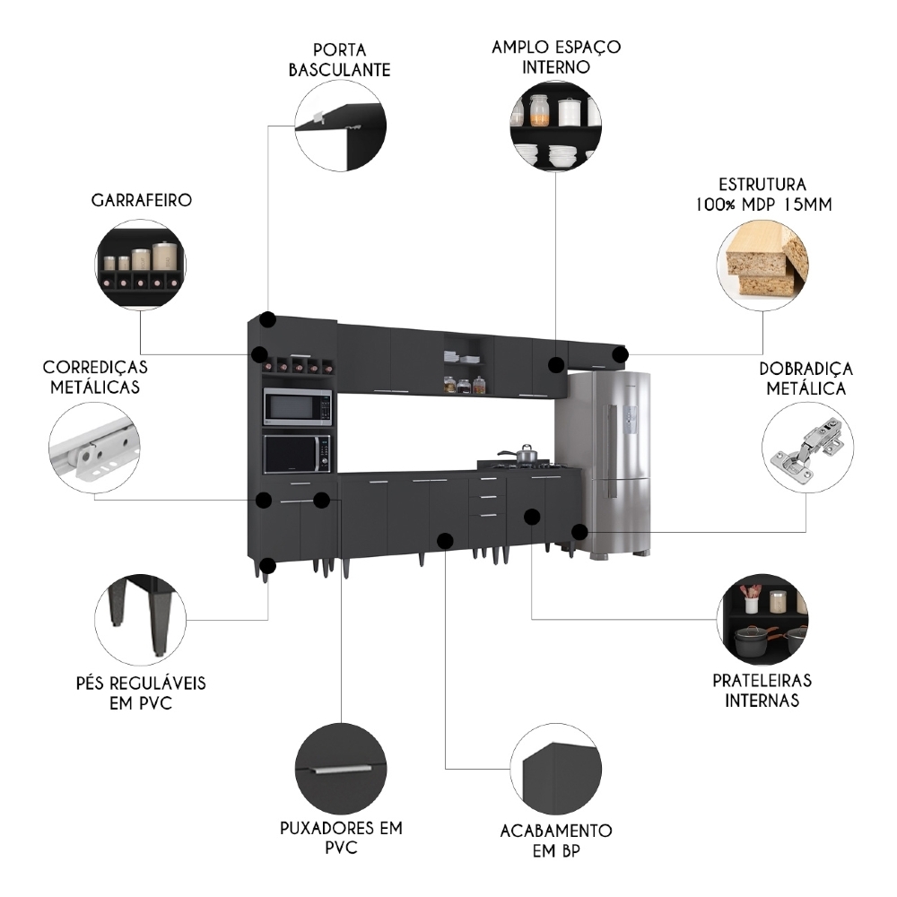 Armário de Cozinha CP06 Para Pia 150cm Pérola Z34 Preto - Mpozenato