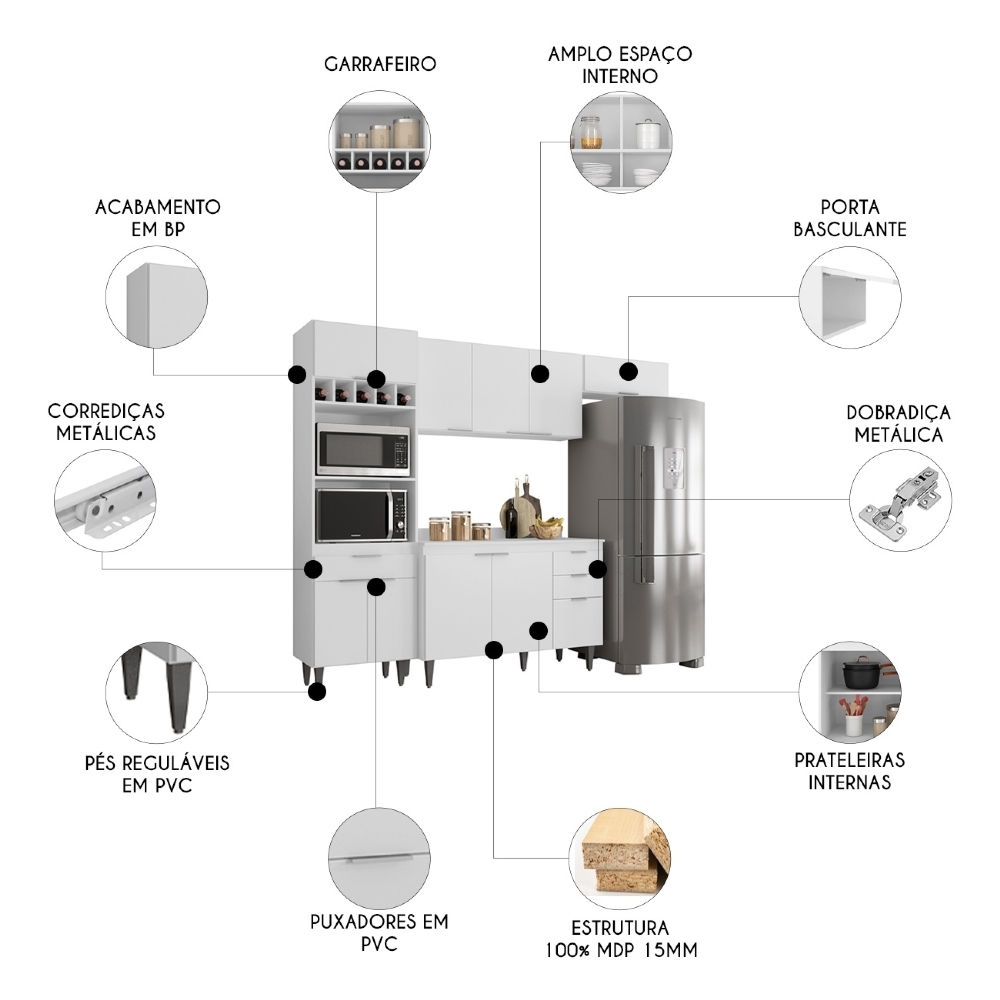 Armário de Cozinha Com Tampo CP04 250cm Pérola Branco Z34 - Mpozenato
