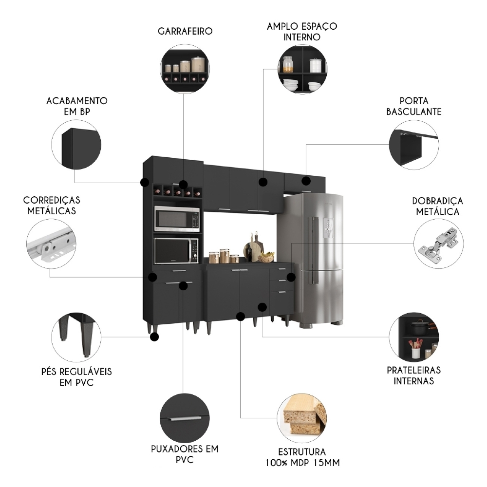Armário de Cozinha Com Tampo CP04 250cm Pérola Preto Z34 - Mpozenato