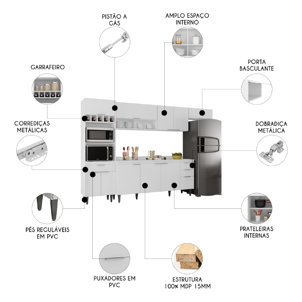 Armário de Cozinha Com Tampo CP04 310cm Pérola Branco Z34 - Mpozenato