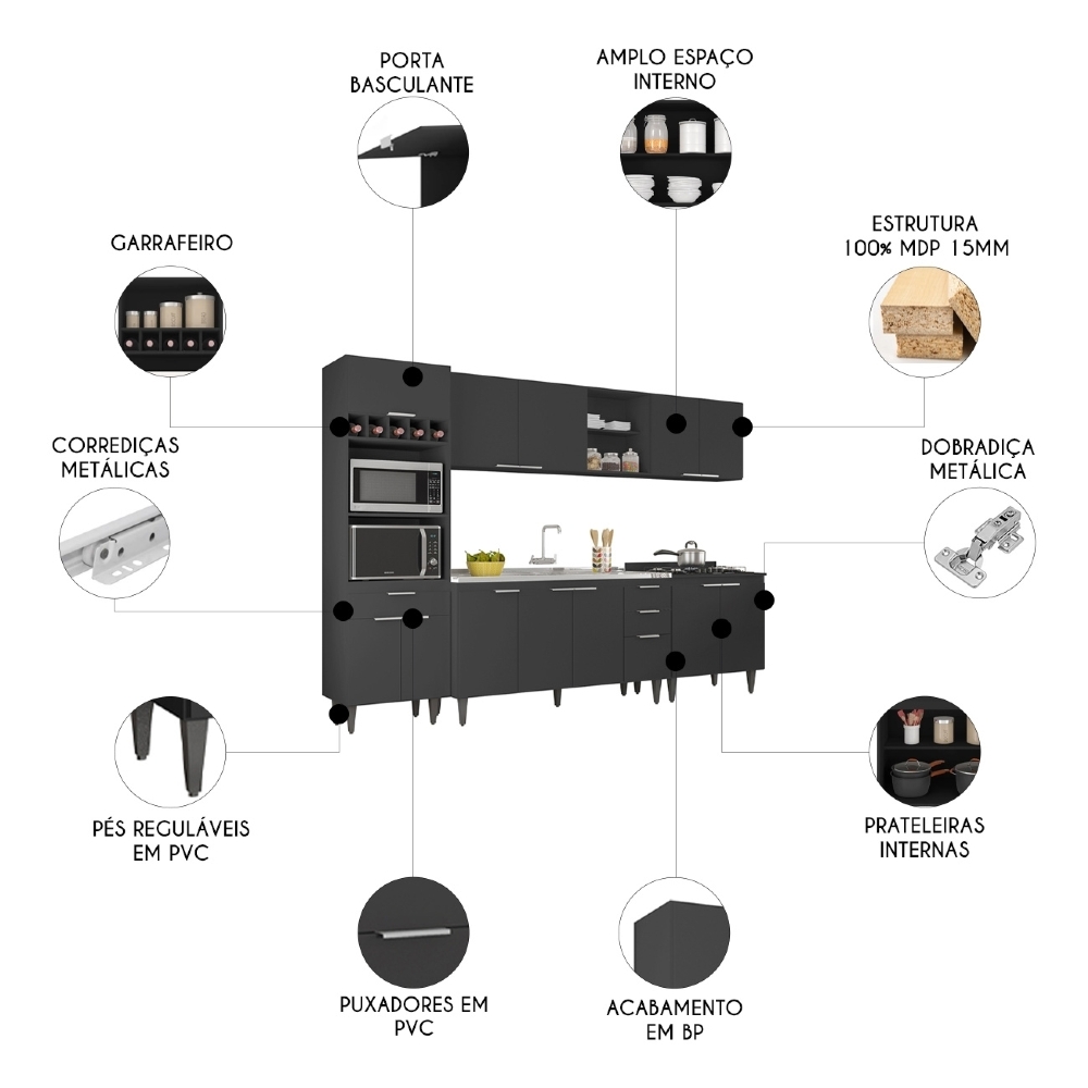 Armário de Cozinha CP05 Com Pia 150cm Pérola Z34 Preto - Mpozenato